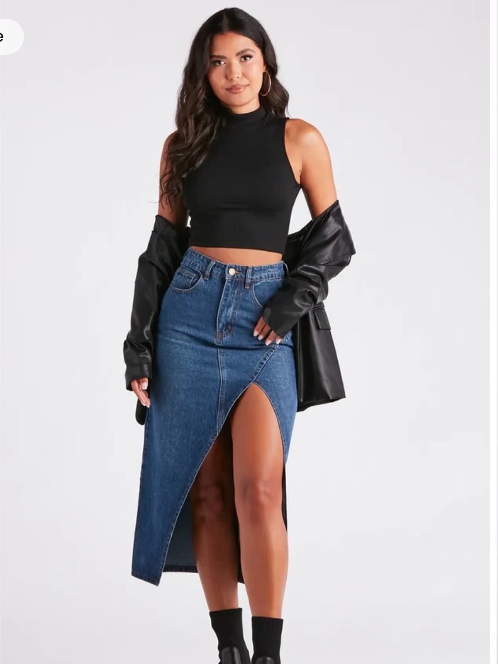 NWOT Windsor Blue Denim Asymmetric High-Slit Midi Skirt